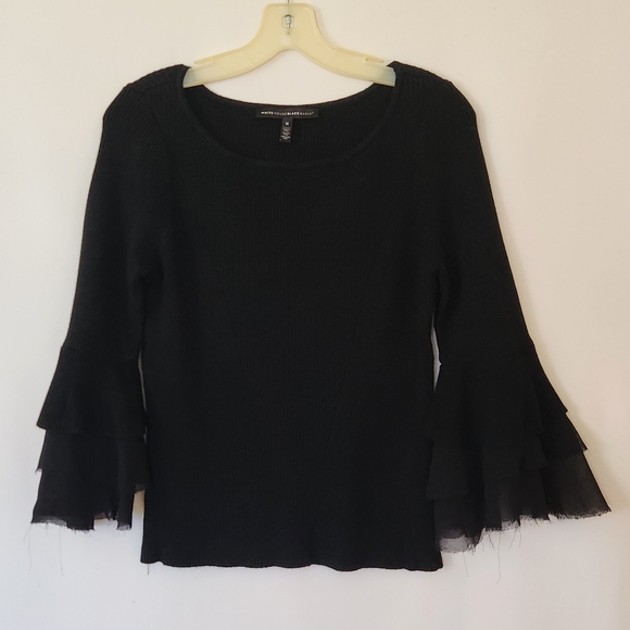 WHBM Black Ribbed Flutter Sleeve Sweater womens size medium - Picture 1 of 12